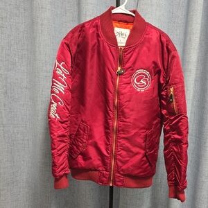 Shaka Wear Mens Red Satin Bomber Jacket Y2K Inspired With Embroidered Details Lg